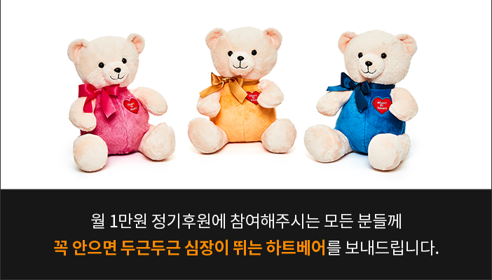 월 1만원 정기후원에 참여해주시는 모든 분들께꼭 안으면 두근두근 심장이 뛰는 하트베어를 보내드립니다.