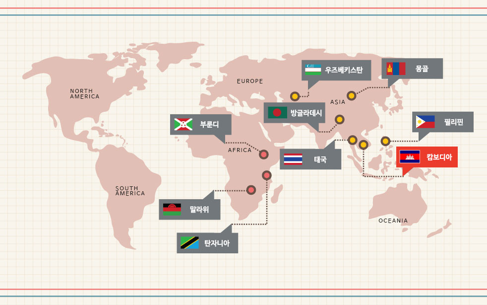 국가별 사업소개에서 몽골, 캄보디아, 필리핀, 태국, 탄자니아, 말라위, 부룬디, 방글라데시, 우즈베키스탄 중 캄보디아를 나타내는 지도