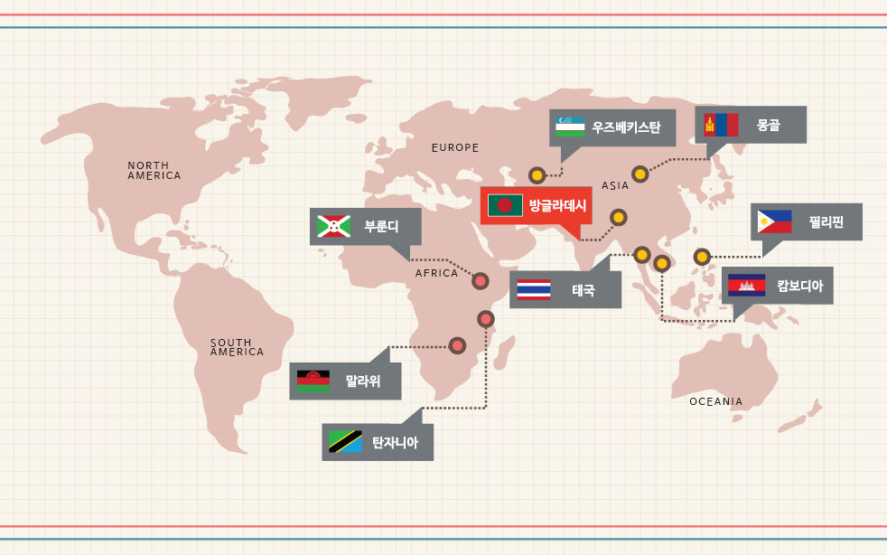 국가별 사업소개에서 몽골, 캄보디아, 필리핀, 태국, 탄자니아, 말라위, 부룬디, 방글라데시, 우즈베키스탄 중 방글라데시를 나타내는 지도