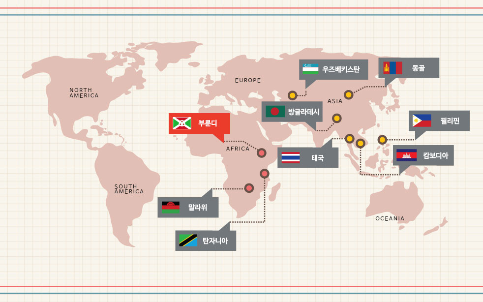 국가별 사업소개에서 몽골, 캄보디아, 필리핀, 태국, 탄자니아, 말라위, 부룬디, 방글라데시, 우즈베키스탄 중 부룬디를 나타내는 지도